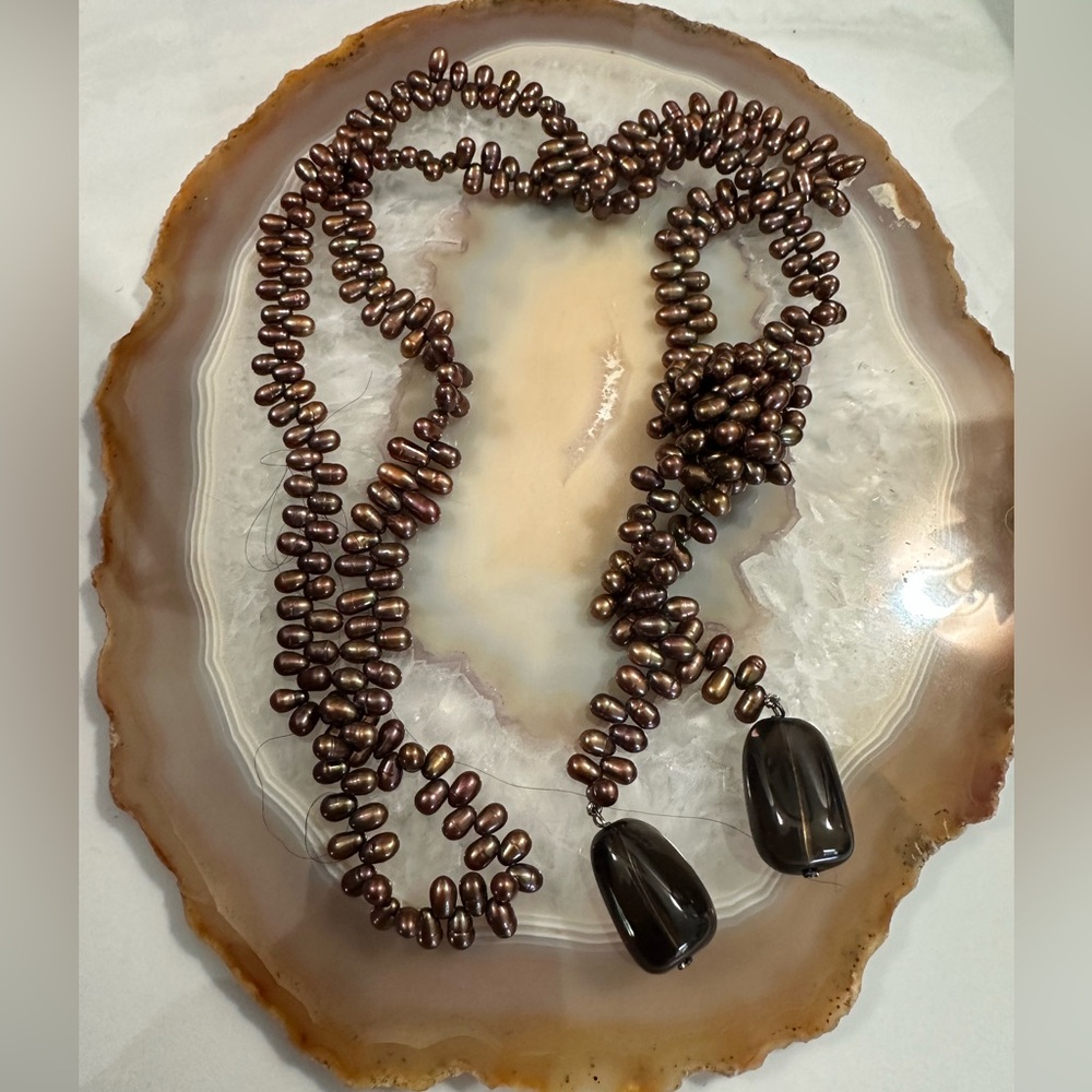 Chocolate pearls lariat style necklace  smokey quartz stone drops
